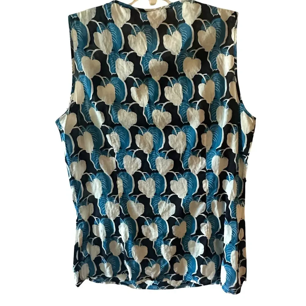 Tory Burch Leaf Print Snap Top Womens Size 6 Blue White Sleeveless Shell